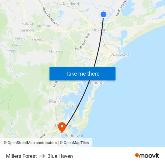 Millers Forest to Blue Haven map