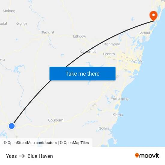 Yass to Blue Haven map