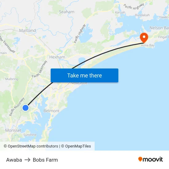 Awaba to Bobs Farm map