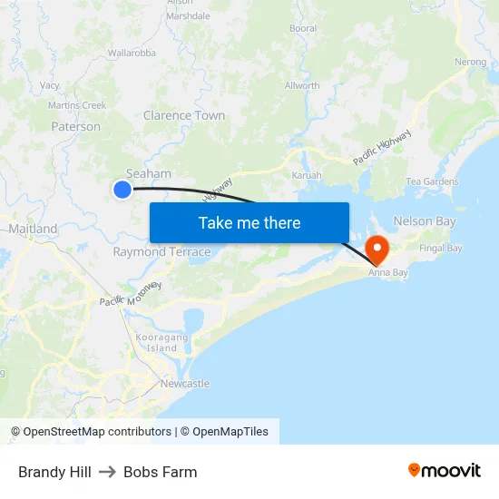 Brandy Hill to Bobs Farm map