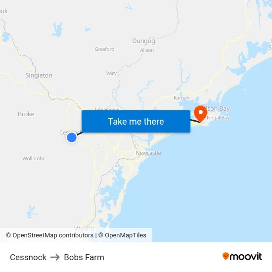 Cessnock to Bobs Farm map