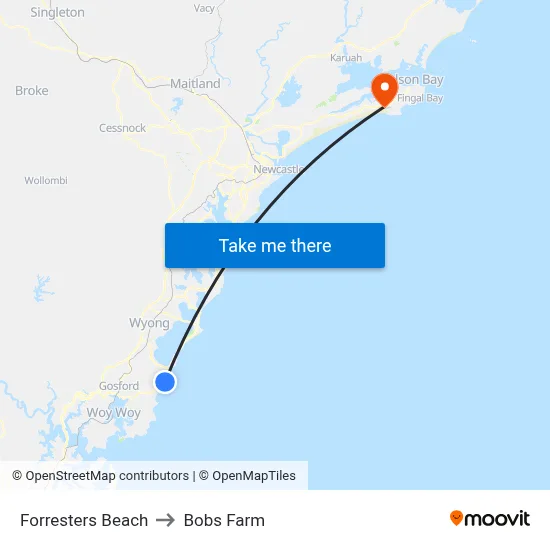 Forresters Beach to Bobs Farm map