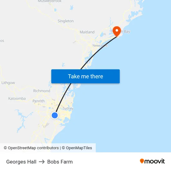 Georges Hall to Bobs Farm map