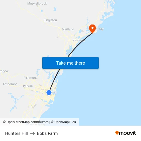 Hunters Hill to Bobs Farm map