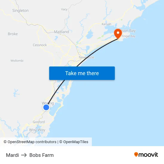 Mardi to Bobs Farm map
