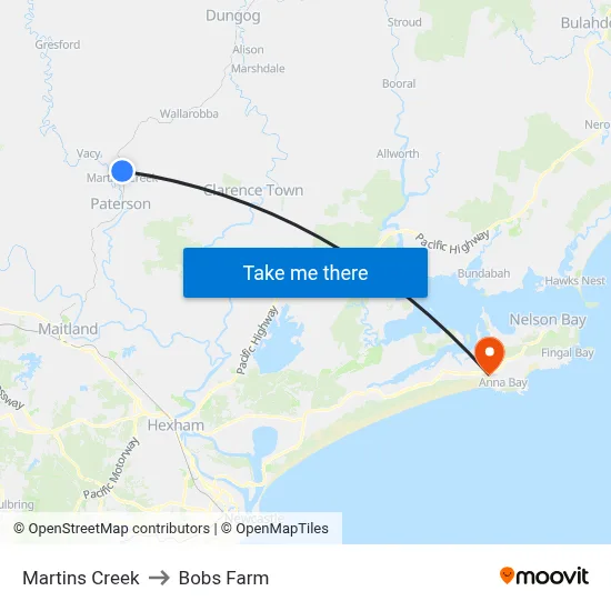 Martins Creek to Bobs Farm map