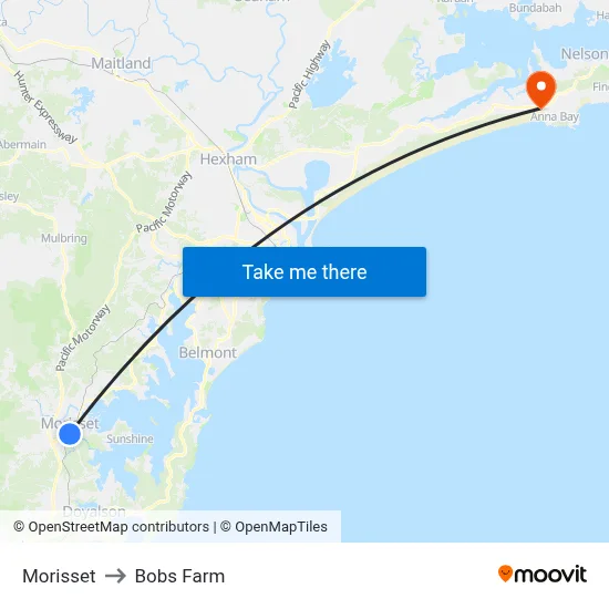 Morisset to Bobs Farm map
