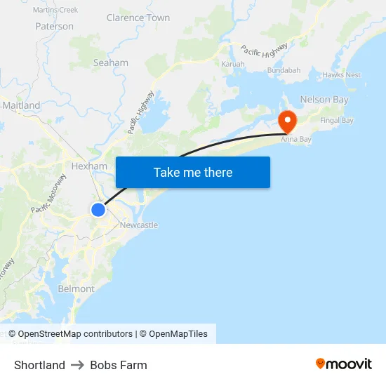 Shortland to Bobs Farm map