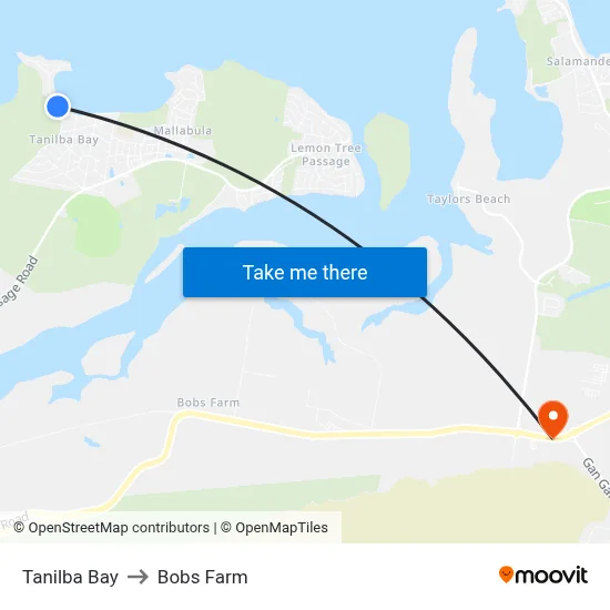 Tanilba Bay to Bobs Farm map