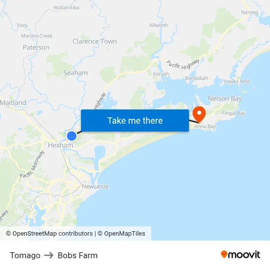 Tomago to Bobs Farm map