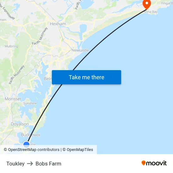 Toukley to Bobs Farm map
