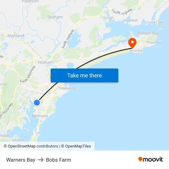 Warners Bay to Bobs Farm map