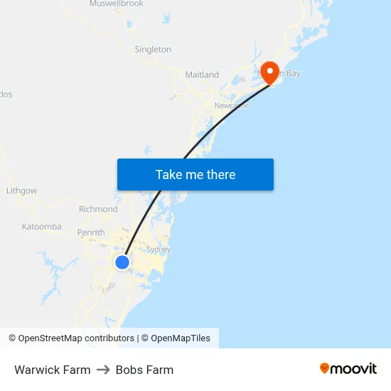Warwick Farm to Bobs Farm map