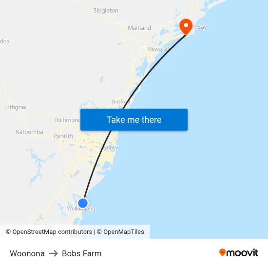 Woonona to Bobs Farm map