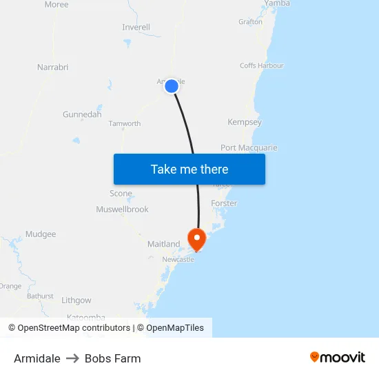 Armidale to Bobs Farm map
