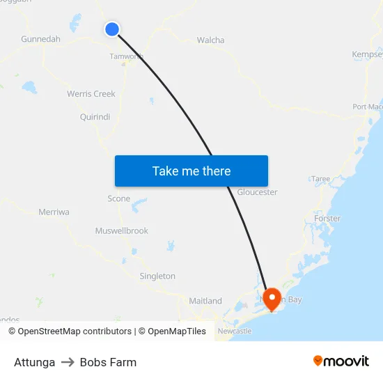 Attunga to Bobs Farm map