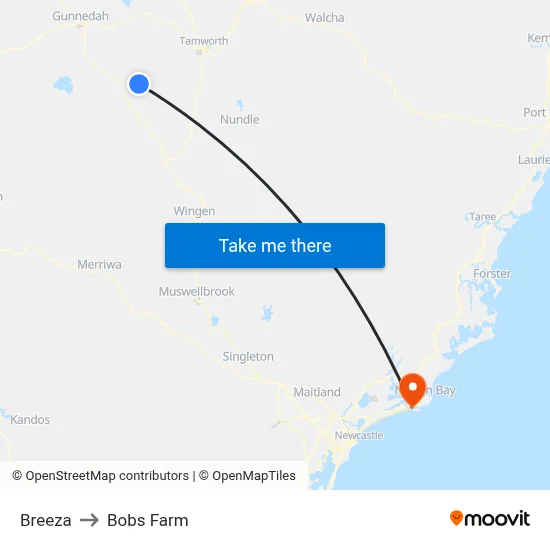 Breeza to Bobs Farm map