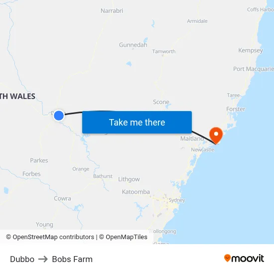 Dubbo to Bobs Farm map