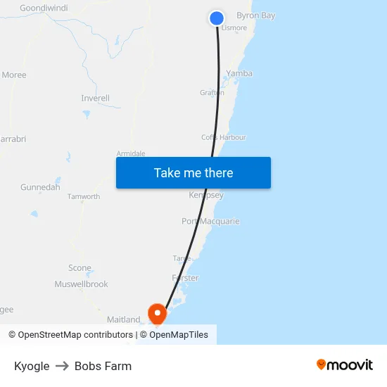 Kyogle to Bobs Farm map