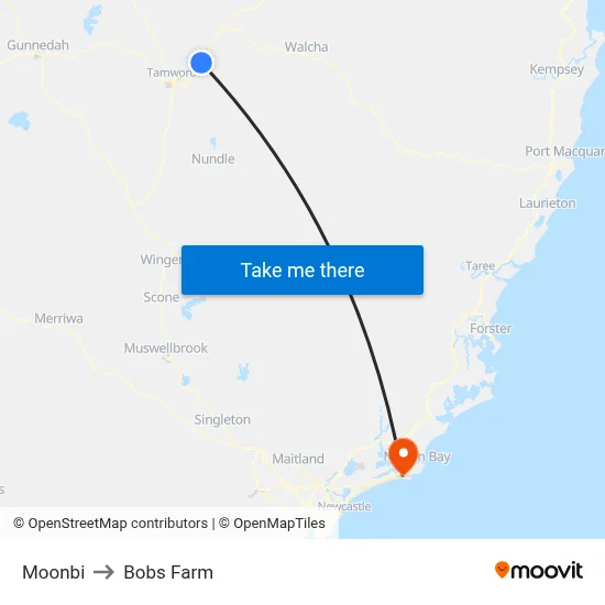 Moonbi to Bobs Farm map