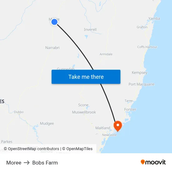 Moree to Bobs Farm map