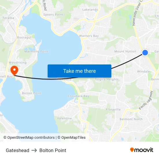 Gateshead to Bolton Point map
