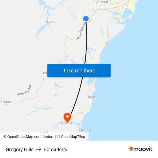 Gregory Hills to Bomaderry map