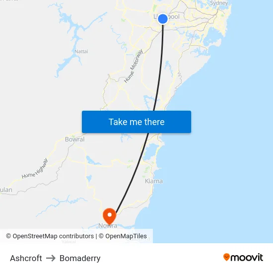 Ashcroft to Bomaderry map
