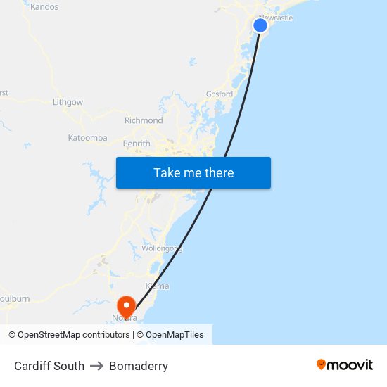 Cardiff South to Bomaderry map