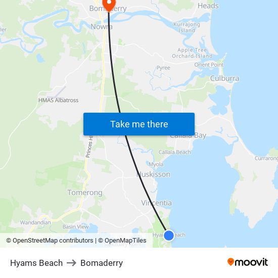 Hyams Beach to Bomaderry map