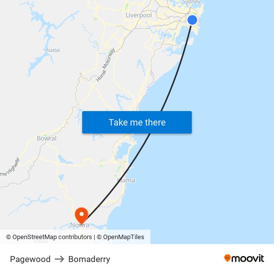 Pagewood to Bomaderry map