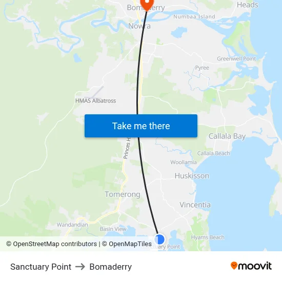 Sanctuary Point to Bomaderry map