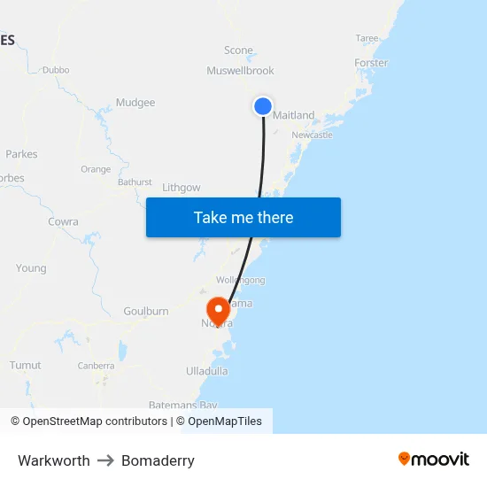 Warkworth to Bomaderry map