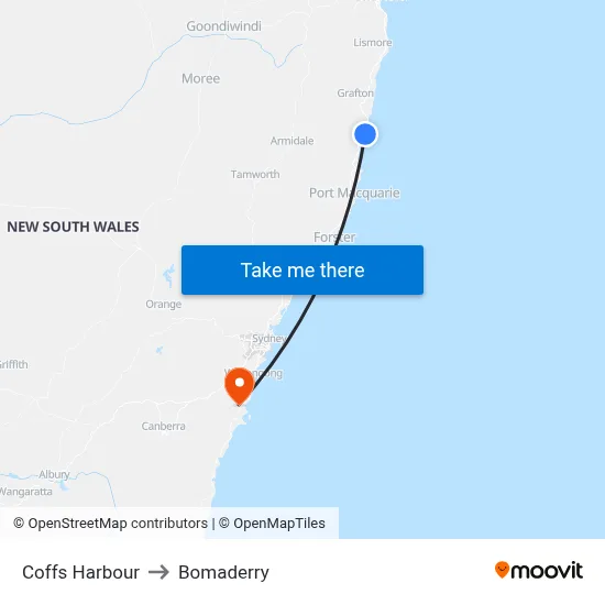 Coffs Harbour to Bomaderry map