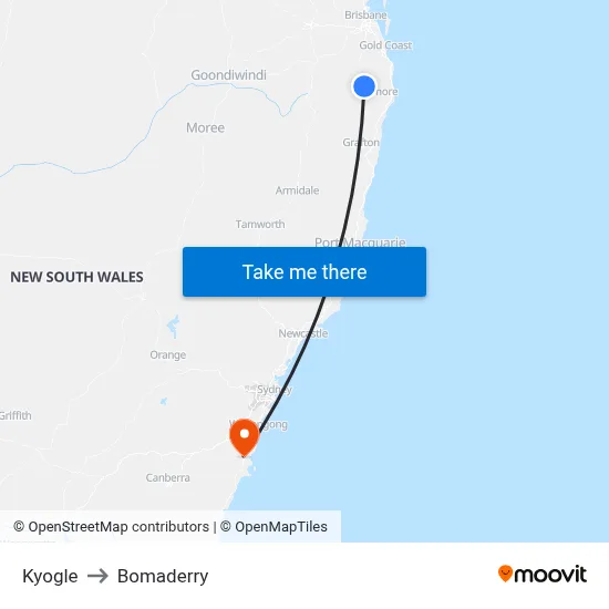 Kyogle to Bomaderry map
