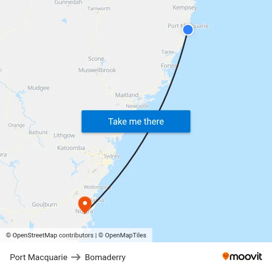 Port Macquarie to Bomaderry map