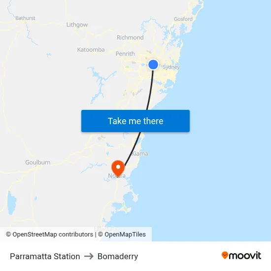 Parramatta Station to Bomaderry map