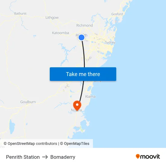 Penrith Station to Bomaderry map