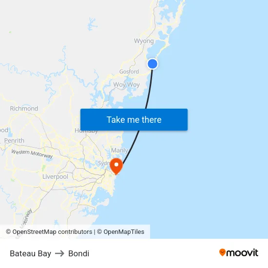 Bateau Bay to Bondi map