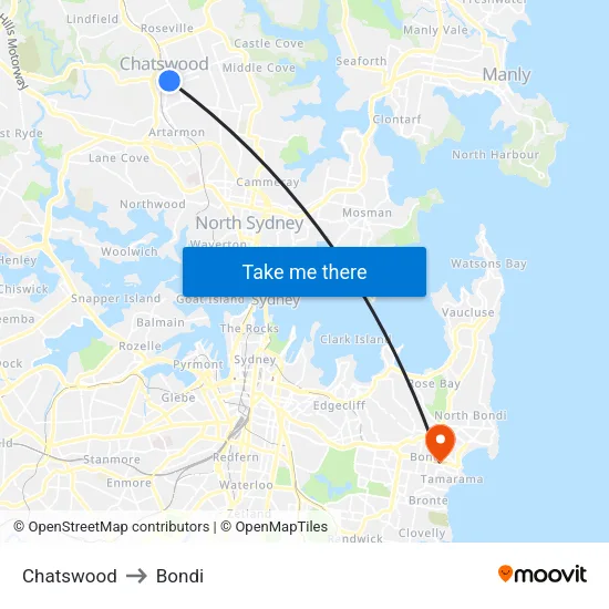 Chatswood to Bondi map