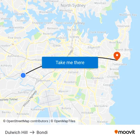 Dulwich Hill to Bondi map