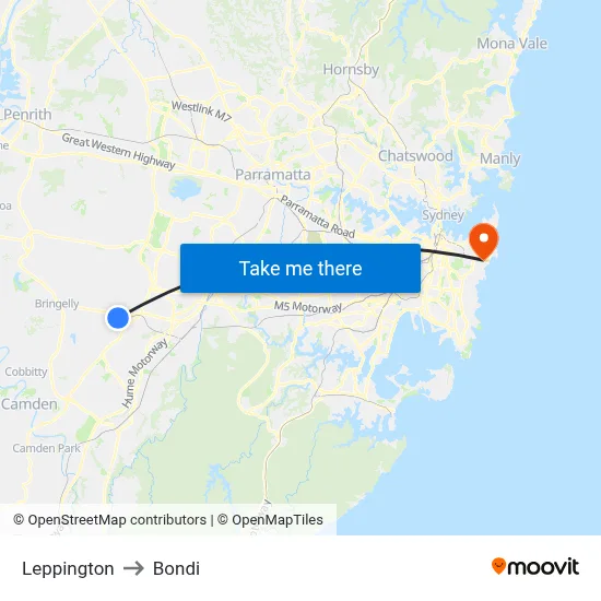 Leppington to Bondi map