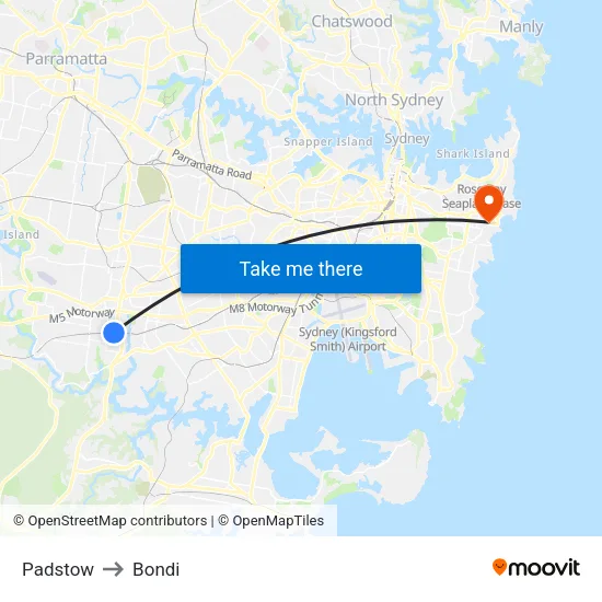 Padstow to Bondi map