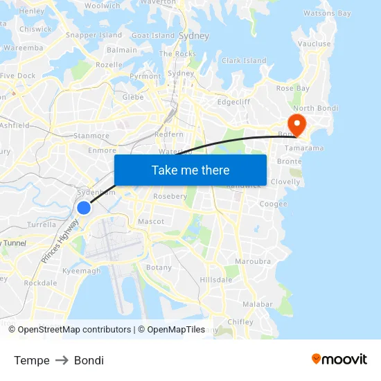 Tempe to Bondi map
