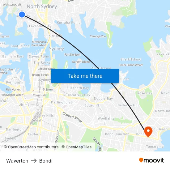 Waverton to Bondi map