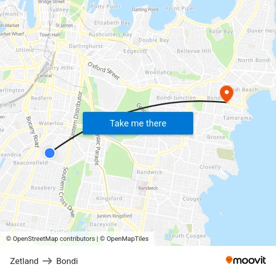 Zetland to Bondi map