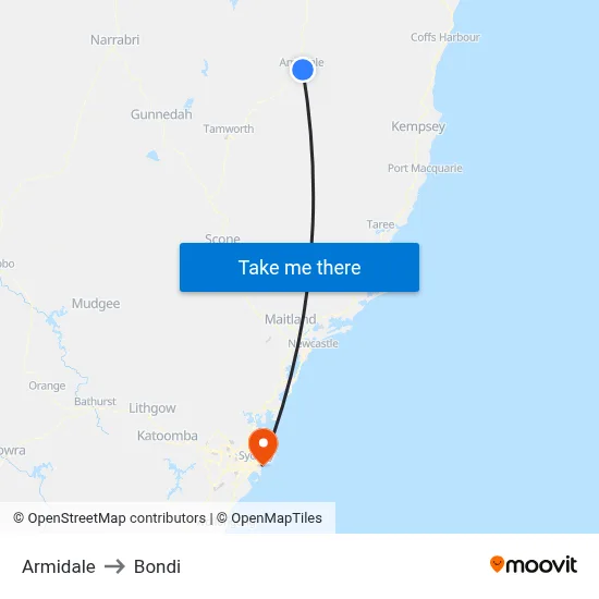 Armidale to Bondi map