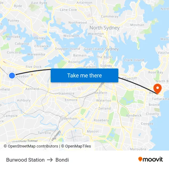 Burwood Station to Bondi map