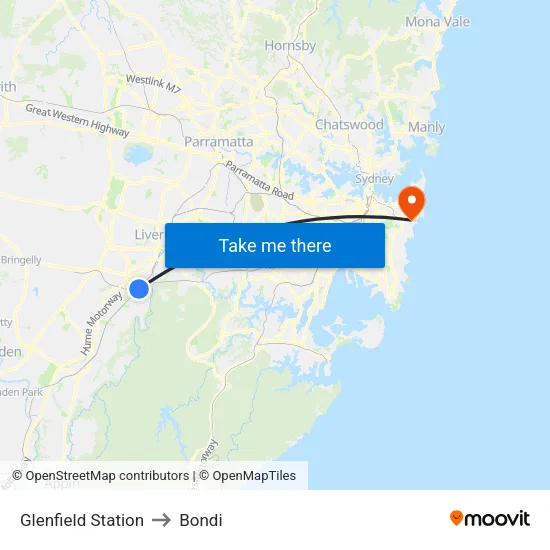 Glenfield Station to Bondi map