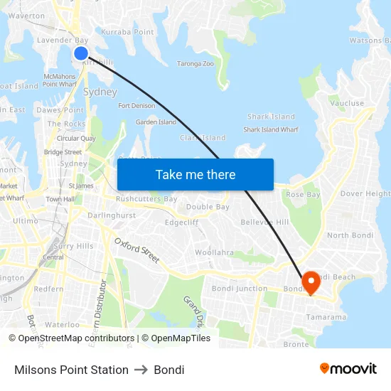Milsons Point Station to Bondi map